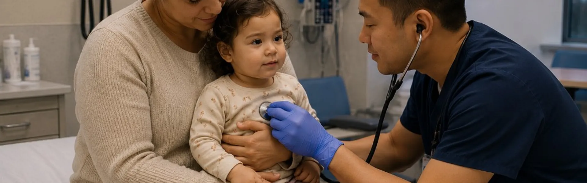 Emergency physician listening to a toddler's chest while the child sits on a parent's lap at Memorial Heights ER in Houston