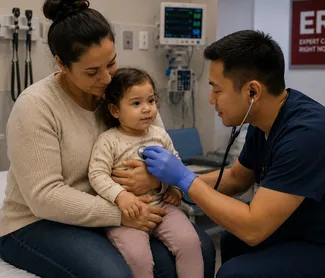 Emergency physician listening to a toddler's chest while the child sits on a parent's lap at Memorial Heights ER in Houston