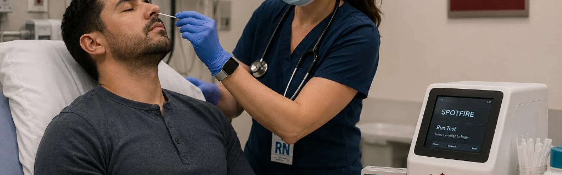 Emergency nurse performing a nasal swab for BIOFIRE SPOTFIRE PCR testing at Memorial Heights ER in Houston