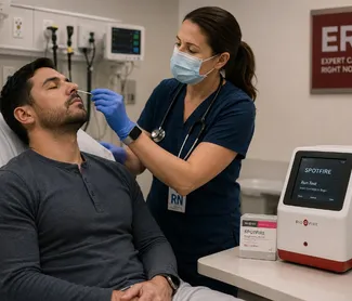 Emergency nurse performing a nasal swab for BIOFIRE SPOTFIRE PCR testing at Memorial Heights ER in Houston