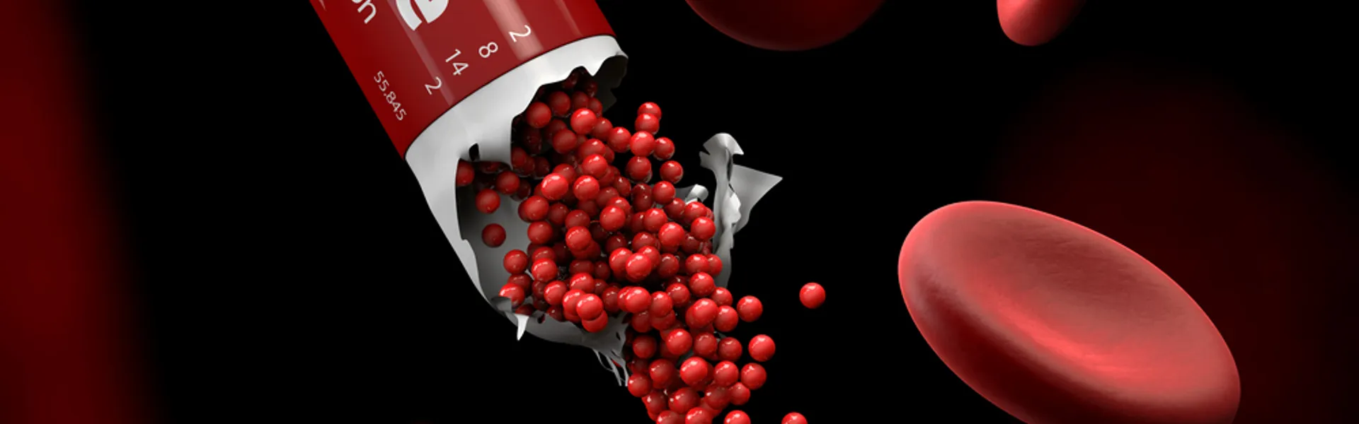 Iron supplement capsule releasing iron with red blood cells — iron deficiency anemia treatment illustration