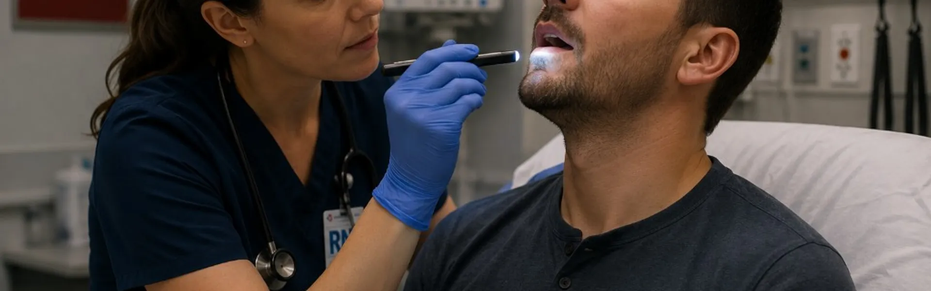 Emergency nurse examining a patient's throat with a penlight at Memorial Heights ER in Houston