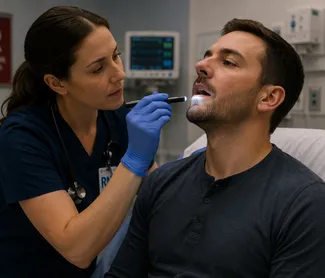 Emergency nurse examining a patient's throat with a penlight at Memorial Heights ER in Houston